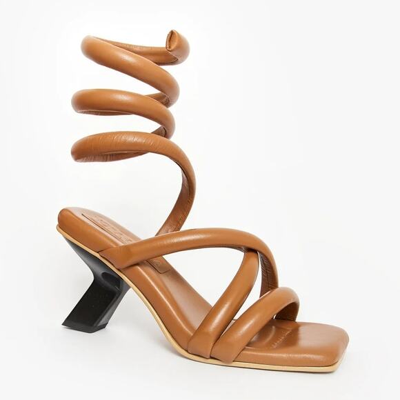 Elegant Tan Spiral Strap Sandals - Picture 1 of 10